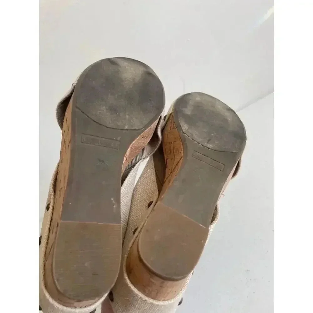 Women's Crown Vintage Tan Canvas Wedge Sandals‎ Size 6.5 M EUC